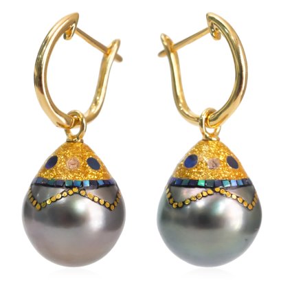 11.57 mm and 11.60 mm, Maki-e Tahitian Pearl, Latch Back Jacket Earrings