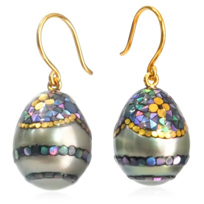 11.00 mm and 11.20 mm, Maki-e Tahitian Pearl, Fish Hooks Earrings