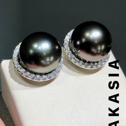 10.8 mm and 10.9 mm, Tahitian Pearl, Stud Pearl Earrings with Halo Diamond Jacket