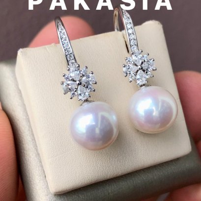 Approx. 9.0 - 10.0 mm, Edison Pearl, Fish Hooks CZ Flower Dangle Pearl Earrings