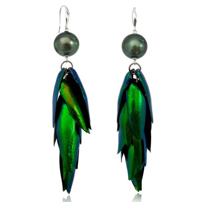 Approx. 13.5 - 14.0 mm , Tahitian Pearl ,  Jewel Beetle Fish Hooks Earrings