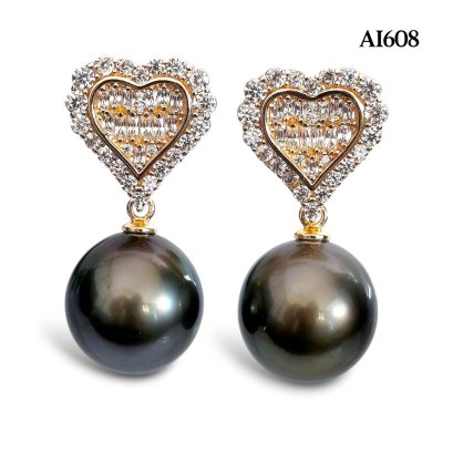 Approx. 11.0 - 12.0 mm, Tahitian Pearl, Heart CZ Paved Dangle Pearl Stud Earrings