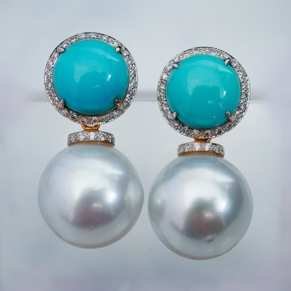 14.07-14.16, White South Sea Pearl, Stud Turquoise Dangle Pearl Earrings