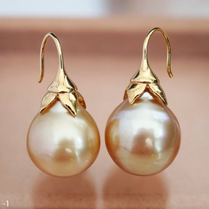 Approx. 13.0 -14.0 mm, Gold South Sea Pearl, Fish Hooks Flower Cap Pearl Earrings