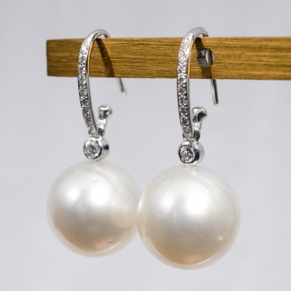 12.42 -12.43  mm, White South Sea Pearl, Diamond Fish Hooks Jacket Pearl Earrings