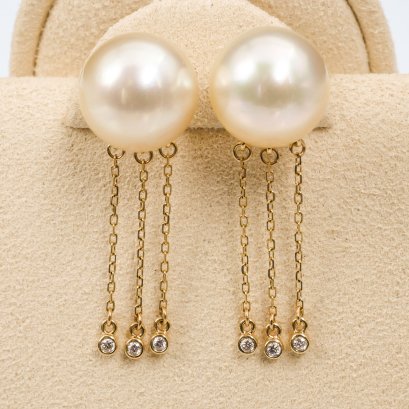 11.15 -11.18 mm, Gold South Sea Pearl, Stud with Dangle Chain Diamond Earrings