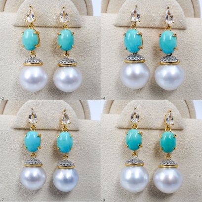 Approx. 10.0 -11.0 mm, White South Sea Pearl, Marquise Topaz Stud Dangle Turquoise Pearl Earrings