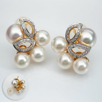 Approx. 6.0 - 8.0 mm, Cherry Blossom, Akoya Pearl, Pearl Grapes Bunch Diamond Stud Earrings