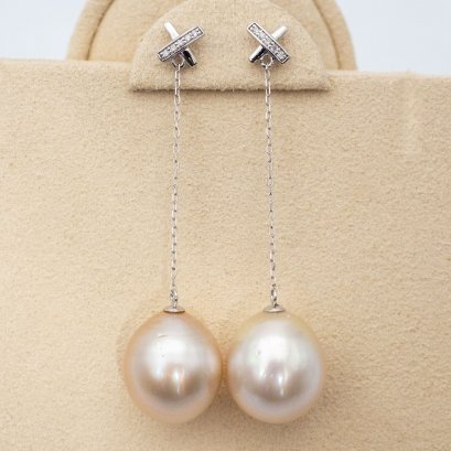 12.99-13.15 mm, Gold South Sea Pearl, X- Diamond Chain Dangle Pearl Stud Earrings