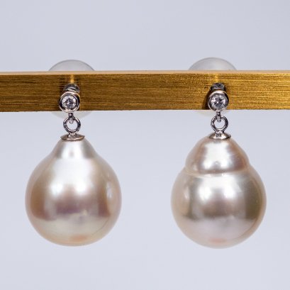 12.37 - 12.41 mm, White South Sea Pearl, Diamond Head Dangle Pearl Stud Earrings