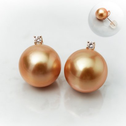 Approx. 12.69 - 12.81 mm, Gold South Sea Pearl, Diamond Pearl Stud Earrings