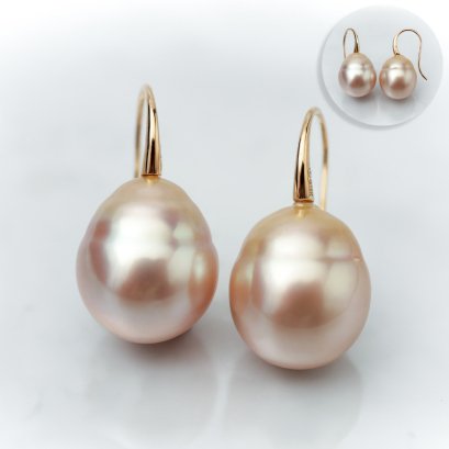 Approx. 13.22 - 13.44 mm, Gold South Sea Pearl, Fish Hooks Pearl Earrings