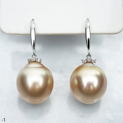 Approx. 13.0 mm, Gold South sea Pearl, Fish Hooks Diamond Bar Cup Dangle Pearl Earrings