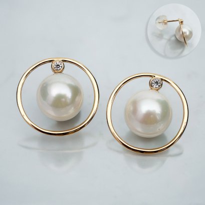 9.71 - 9.85 mm, White South Sea Pearl, Diamond Saturn Pearl Stud Earrings