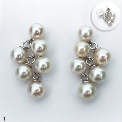Approx. 5.0 mm, Akoya Pearl, Triple Dangle Pearl Double Rows Stud Earrings
