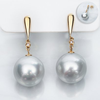 (PSL) Approx. 12.6 mm, Aurora Phoenix, Sharp Drop Dangle Diamond Pearl Stud Earrings