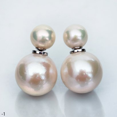 Approx. 8.0 - 9.0 and 15.0 mm, Edison Pearl, Front Back Twin Pearl Double Stud Earrings