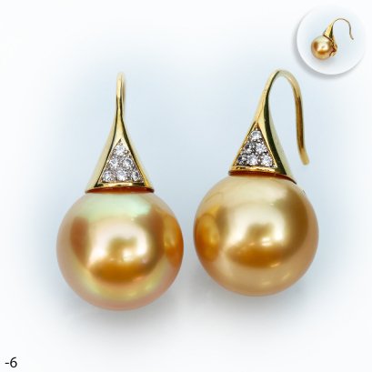 Approx. 12.0 mm, Chogun Drop Lot, Gold South Sea Pearl, Fish Hooks CZ Paved Pearl Earrings