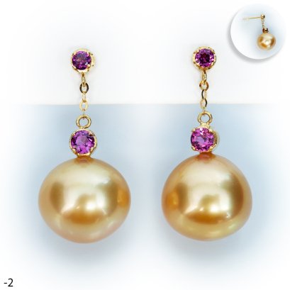 Approx. 12.0 mm, Chogun Drop, Gold South Sea Pearl, Rhodolite Chain Dangle Pearl Stud Earrings