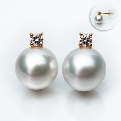9.85 mm and 9.87 mm, White South Sea Pearl, Diamond Pearl Stud Earrings