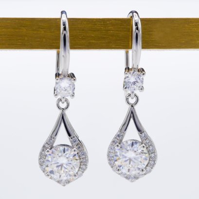 (GRA) 1.0 ct., Moissanite, Round Brillant, Fish Hooks Earrings