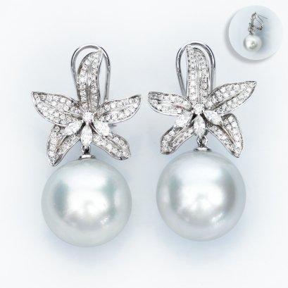 (GIA) 14.95 mm and 15.09 mm, White South Sea Pearl, Diamond Lilly Dangle Pearl Stud Earrings with Omega Backs