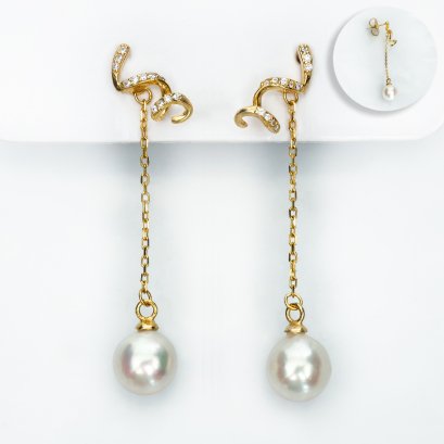 Approx. 8.0 mm, Akoya Pearl, Spiral Chain Dangle Pearl Stud Earrings