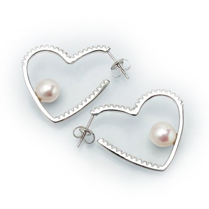 7.55 mm and 7.73 mm, Freshwater Pearl, Heart Hoop and Pearl Stud Earring