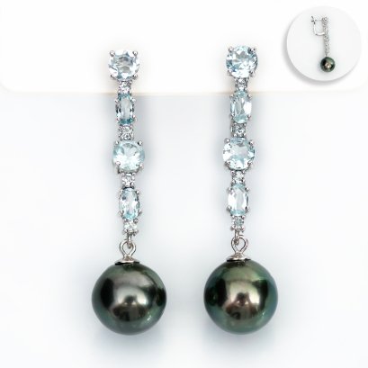 11.70 mm and 11.73 mm, Tahitian Pearl, Long Line Sky blue Topaz Dangle Pearl Latch Back Earrings