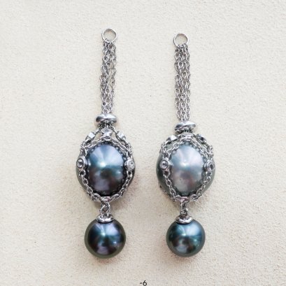 Approx. 8.0 - 12.0 mm, Tahitian Pearl, Net Locket Double Pearl Hanging for Stud Earrings