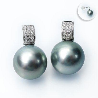 11.43 mm and 11.45 mm, Aloe Vera Gray, Tahitian Pearl, Diamond Band Stud Pearl Earrings