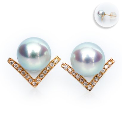 (PSL) Approx. 7.3 mm, Aurora Madama, V-Diamond Pearl Stud Earrings