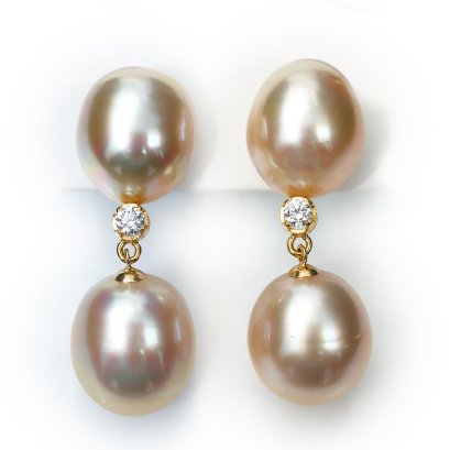 Approx. 12.0 mm, Gold South Sea Pearl, Dangle Pearl Diamond Stud Pearl Earring