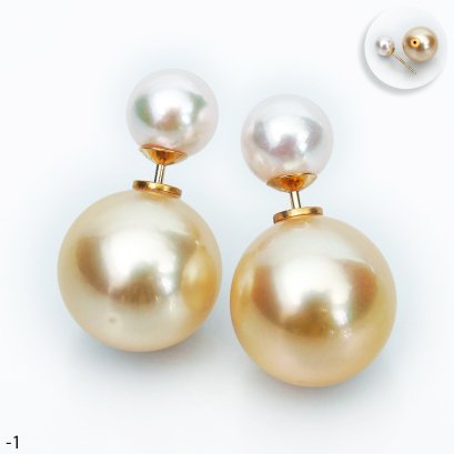 Approx. 7.0 mm and 13.0-14.0 mm, Akoya and South Sea Pearl,  Front Back Twin Pearl Double Stud Earrings