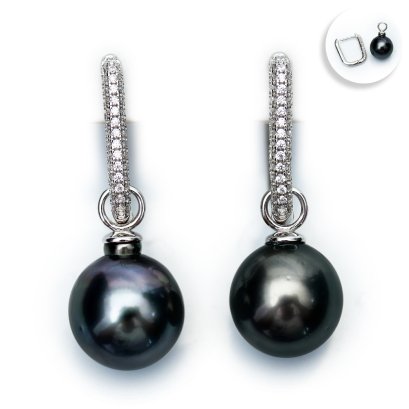 12.89 mm and 12.98 mm, Tahitian Pearl, Jacket Pearl, CZ Paved Latch Back Earrings