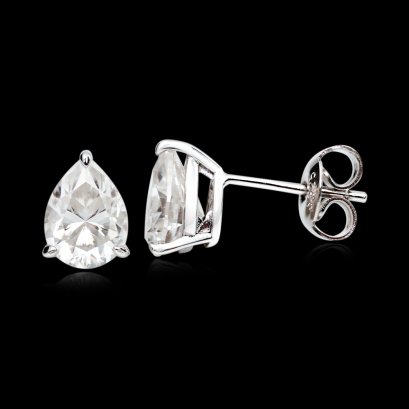(GRA) Moissanite (2.5ct.), Pear Brilliant, Three Prongs Solitaire Moissanite Stud Earrings