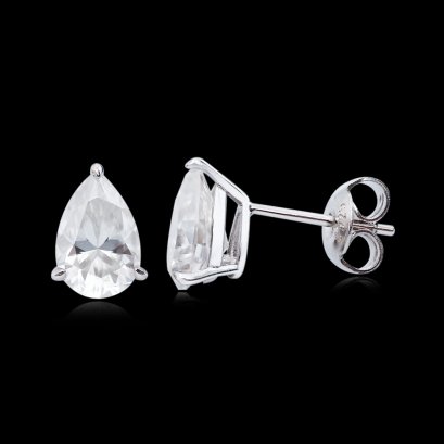 S925, Moissanite (3.0ct.), Three Prongs Solitaire Pear Moissanite Stud Earrings