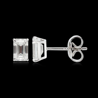 (GRA) Moissanite (1.6 ct.), Four Prongs Emerald Cut Moissanite, Stud Earrings