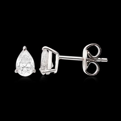 S925, Moissanite (1.0ct.), Three Prongs Solitaire Pear Moissanite Stud Earrings
