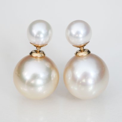 7.26 - 7.42 mm and 13.11 - 13.12 mm, Akoya Pearl and Gold South Sea Pearl, Front Back Twin Pearl Double Stud Earrings