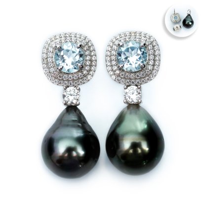 13.35 mm and 13.40 mm, Tahitian Pearl, Double Cocktail London Blue Topaz with Pearl Jacket Stud Earrings