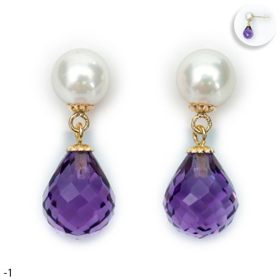 Approx. 6.0 mm, Akoya Pearl, Stud Pearl Earrings with Dangle Faceted Drop Amethyst