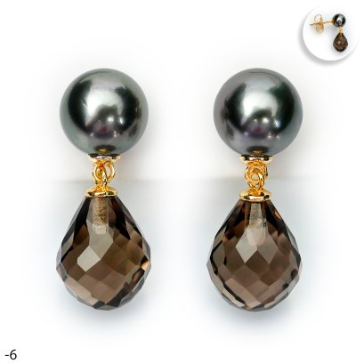 Approx. 7.0 mm, Tahitian Pearl, Stud Pearl Earrings with Dangle Faceted Drop Smoky Quartz