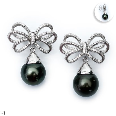 Approx. 13.0 mm, Tahitian Pearl, Vintage Bow Dangle Pearl Stud Earrings