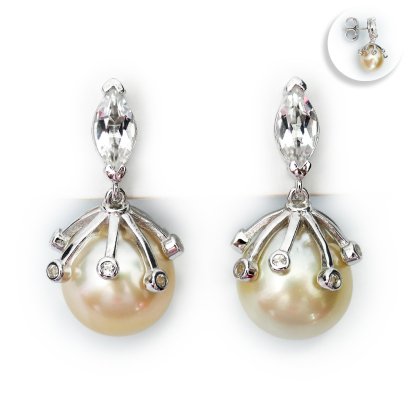 Approx. 10.0 mm, Gold South Sea Pearl, Iccicle Dangle Pearl Stud Earrings