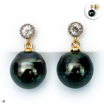 Approx. 11.0 mm, Tahitian Pearl, White Topaz Dangle Pearl Stud Earrings