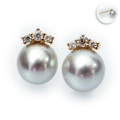 6.12 mm and 6.19 mm, Akoya Pearl, Crown Diamond Cap Stud Pearl Earrings