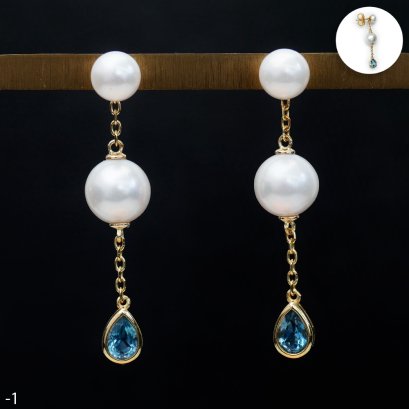 Approx. 6.0 and 8.0 mm, Freshwater Pearl, Stud Pearl Earrings with Dangle Pearl Drop Swiss Blue Topaz Chain Jacket