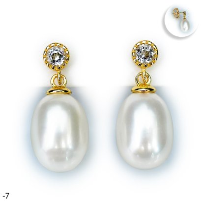 Approx. 8.5 - 9.0 mm, Freshwater Pearl, White Topaz Dot Dangle Pearl Stud Earrings