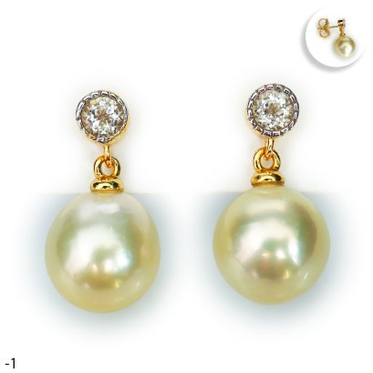 Approx. 10.0 mm, Gold South Sea Pearl, White Topaz Head Dangle Pearl Stud Earrings